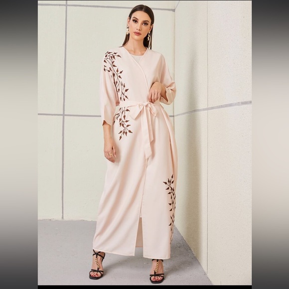 SHEIN Najma Plant Print Split Hem Belted Abaya Modest Maxi Cardigan - Picture 1 of 7
